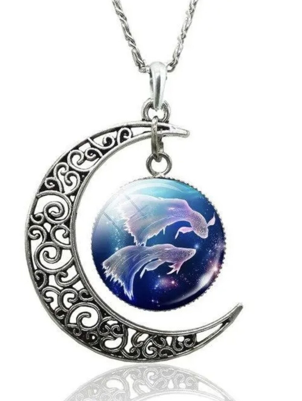 925 Silver Glass Zodiac Pisces‎ Moon Necklace Celestial Jewelry Pendant Necklace